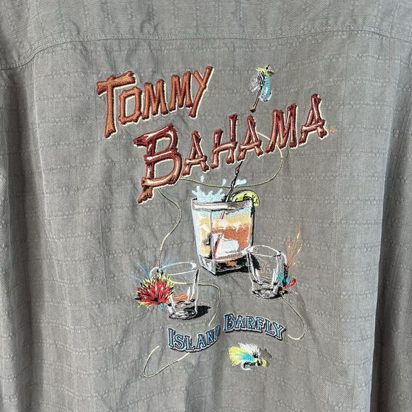 Tommy Bahama Size XL Shirt Silk Camp Embroiderd Island Bar Fly Fishing Brown - Picture 1 of 16